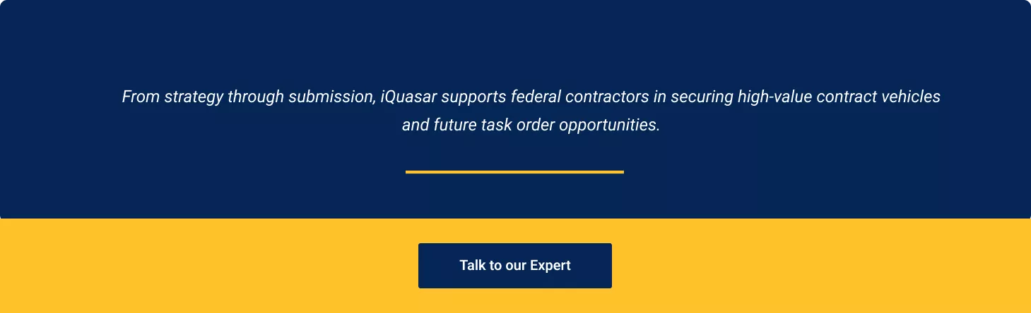 Call-to-action section encouraging federal contractors to engage iQuasar for proposal development and contract vehicle support.