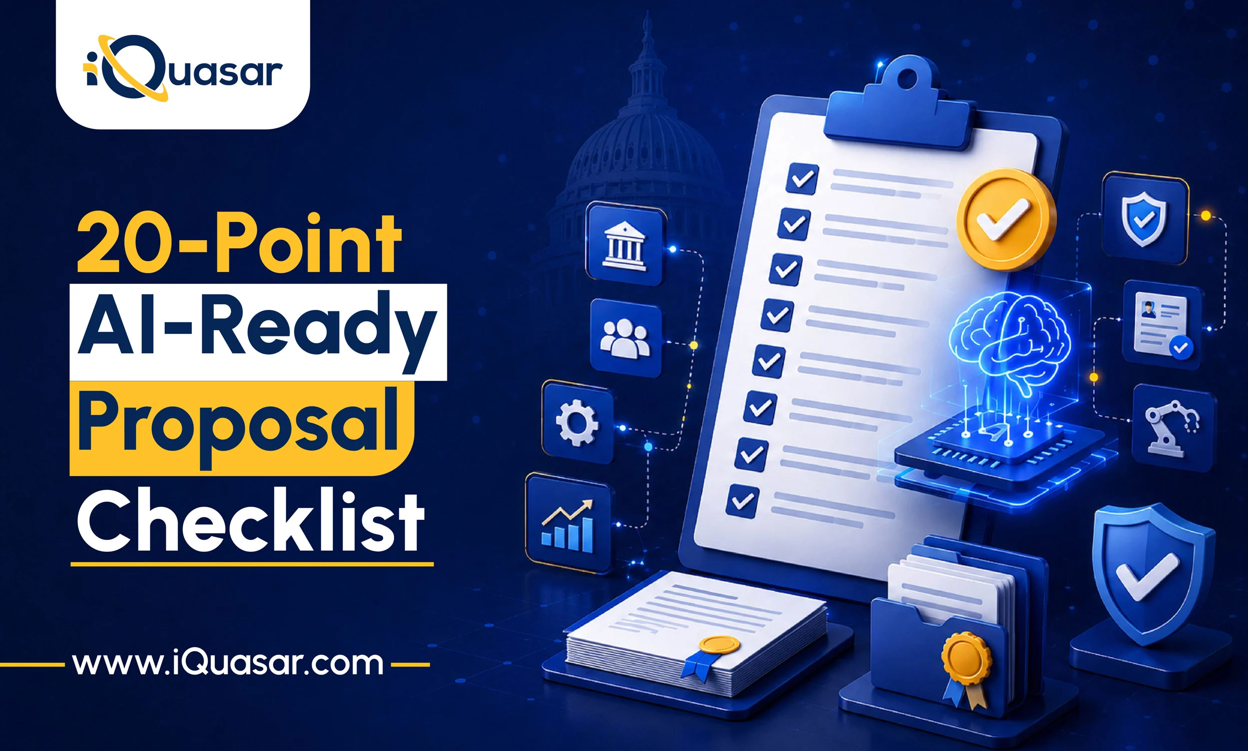 Checklist clipboard with an AI brain and chip graphic, surrounded by government contracting and compliance icons — iQuasar blog banner on an AI-ready proposal checklist.