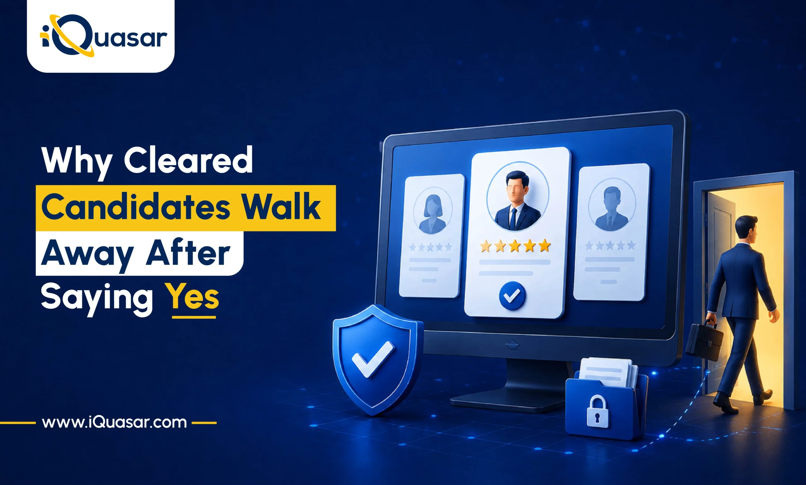 Why Cleared Candidates Walk Away After Saying Yes-01_no_ai_metadata_11zon Illustration of a cleared candidate walking away from a job offer, with candidate profile cards, a security shield, and a locked file folder — iQuasar blog banner on cleared candidate attrition