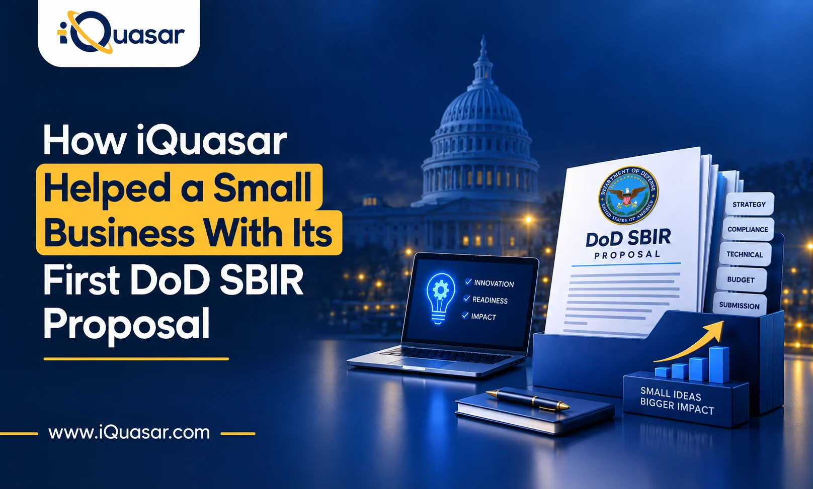 DoD SBIR proposal document with tabbed sections and a growth chart beside the Capitol at night — iQuasar blog banner on helping a small business win its first DoD SBIR proposal.