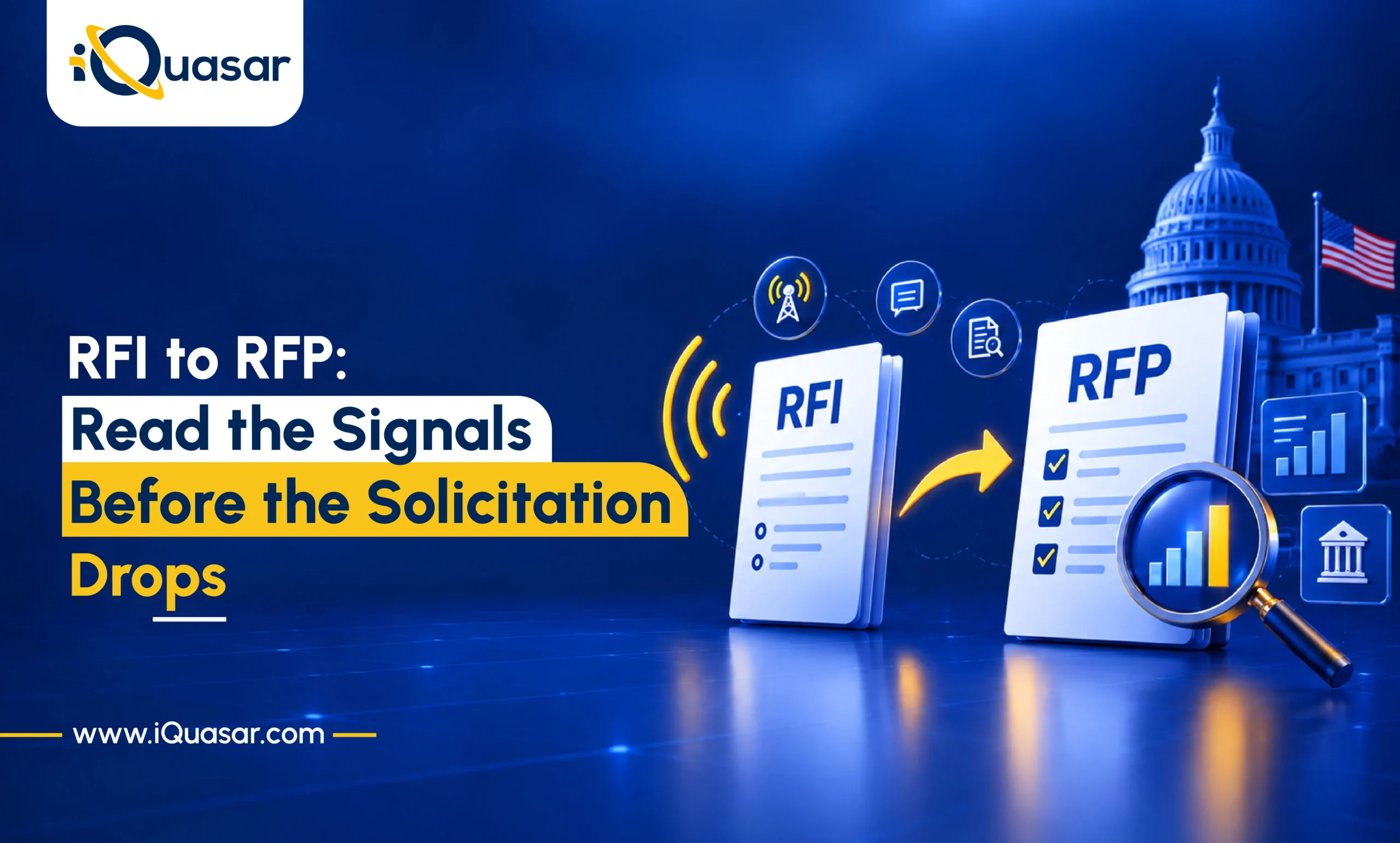 RFI to RFP- Read the Signals Before the Solicitation Drops-opt RFI document with signal icons transforming into an RFP checklist with a magnified growth chart, beside the Capitol. iQuasar blog banner on reading RFI signals before an RFP drops.