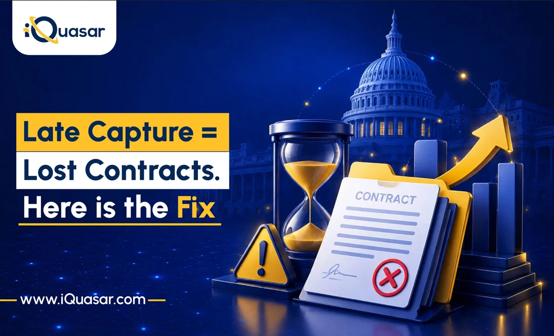 Late capture = Lost contracts Hourglass and a rejected contract marked with a red X, beside a rising growth chart and the Capitol. iQuasar blog banner on fixing late capture to avoid lost contracts.